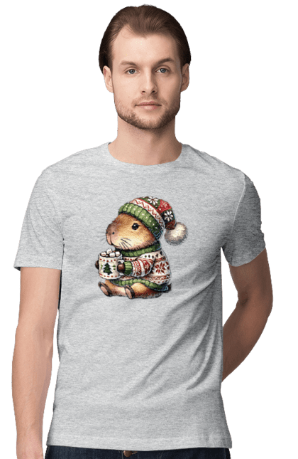 Men's t-shirt with prints Capybara with hot chocolate. Animal, capybara, christmas, christmas capybara, gift, holiday, hot chocolate, new year, santa. 2070702