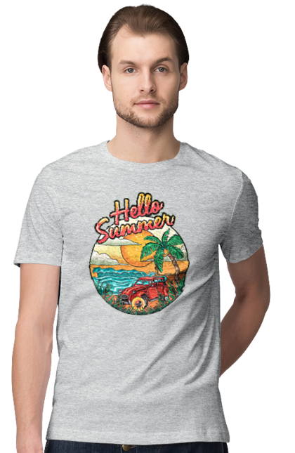 Men`s t-shirt with prints Hello Summer, Car By The Sea. Beach, island, palm, summer. 2070702