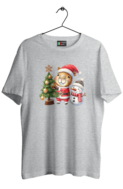 Men's t-shirt with prints Christmas Capybara with a Tree. Animal, capybara, christmas, christmas capybara, christmas tree, gift, holiday, new year, new year`s gift, santa. 2070702