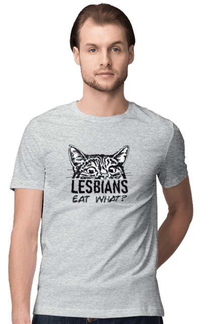 Men`s t-shirt with prints What do lesbians eat?. Funny inscriptions, humor, jokes, kittens, lesbians, lgbt. 2070702