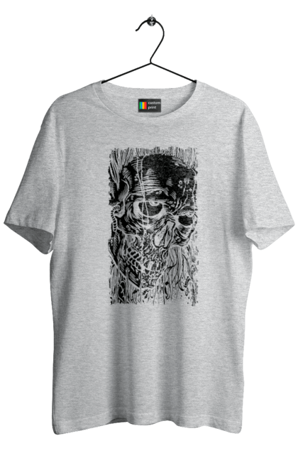 Men's t-shirt with prints Skull. Black and white, bones, eyes, scull, teeth, worms. 2070702