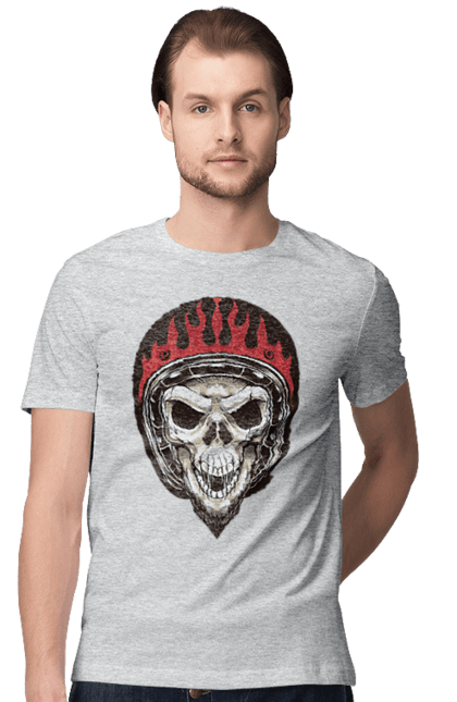 Футболка мужская с принтом Череп в мотошлеме. Мото, скелет, череп, шлем. 2070702