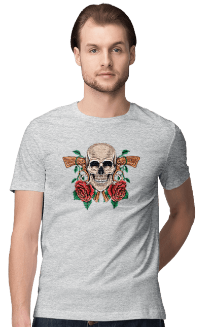 Men's t-shirt with prints Skull with roses. Bones, eyes, flowers, gun, leaves, rose flower, scull, spikes, teeth. 2070702