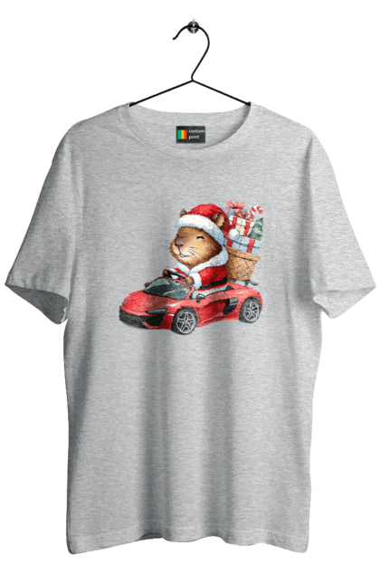 Men's t-shirt with prints Christmas Capybara with a Gift. Animal, capybara, car, christmas, christmas capybara, gift, holiday, new year, new year`s gift, santa. 2070702