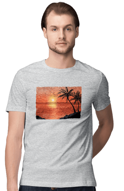 Футболка чоловіча з принтом "Захід Пальми Море". Берег, захід, море, пальми. 2070702
