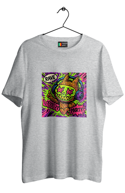 Футболка чоловіча з принтом "Лабубу". Вечірка, вуличне мистецтво, графіті, зоряніочі, коміксстиль, лабубу, навушники, неон, попарт, рейв. 2070702