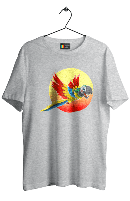 Футболка чоловіча з принтом "Папуга На Тлі Сонця". Ара, веселий, відпочинок, відпустка, диск, жарко, жовтий, коло, кольоровий, крила, літає, літо, папуга, папужка, пір`я, політ, помаранчевий, птах, різнокольоровий, сонце, сонячно, спека, тепло, тропіки, у польоті, червоний. 2070702