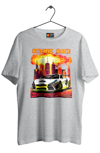 Футболка чоловіча з принтом "Атомна гонка". Авто, автомобіль, атомні перегони, гонки, гоночні машини, спортивна машина, спорткар. 2070702
