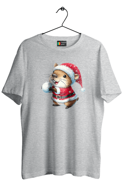 Men's t-shirt with prints Capybara playing snowballs. Animal, capybara, christmas, christmas capybara, game, gift, holiday, new year, santa, snowballs. 2070702