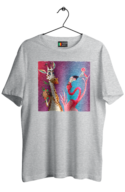 Футболка чоловіча з принтом "Жираф І Фламінго На Вечірці". Жираф, їжа, коктейль, фламінго. 2070702