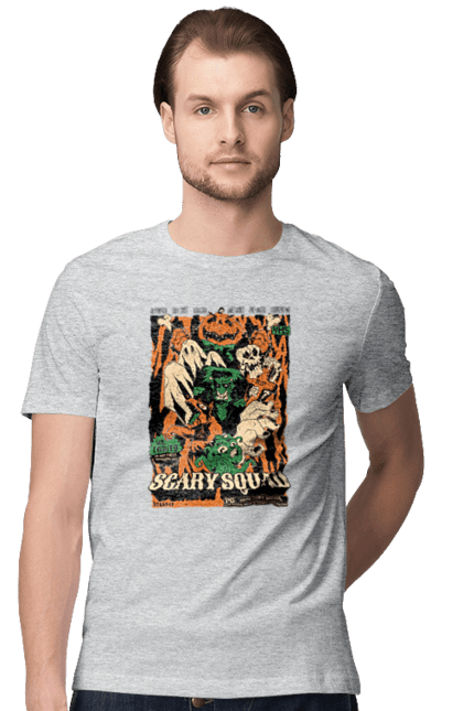 Men's t-shirt with prints Halloween Scary Squad. Costume, ghost, halloween, holiday, october, october 31, pumpkin, skeleton, sweets, trick or treat. 2070702