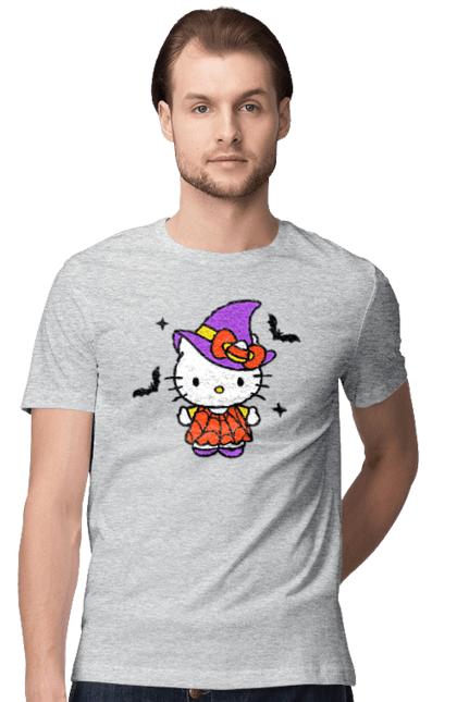 Men's t-shirt with prints Hello Kitty Halloween. Brand, cat, character, halloween, hello kitty, kitten, kitty, witch. 2070702