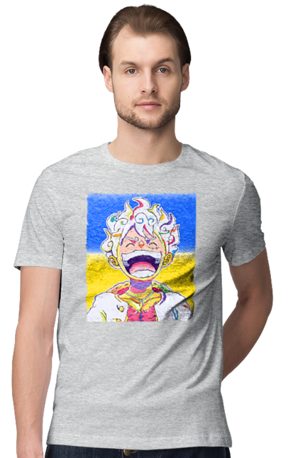 Футболка чоловіча з принтом "Монкі д Луффі сміється на жовто блактному фоні". Ван піс, луффі, монкі д. луффі, прапор україни, символ україни, україна. 2070702