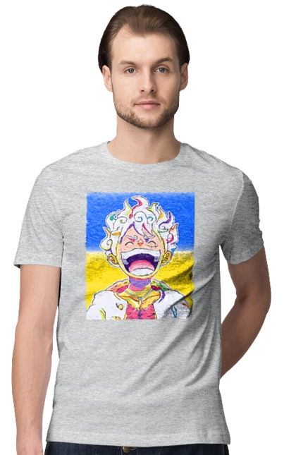 Monkey D Luffy laughing on a yellow blue background