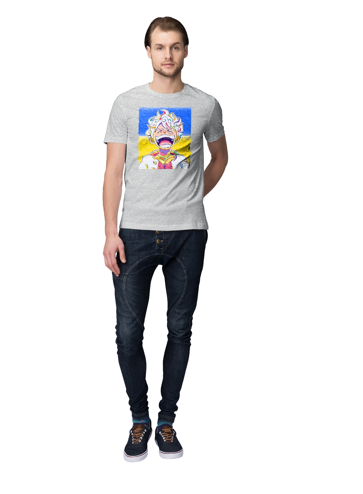 Monkey D Luffy laughing on a yellow blue background