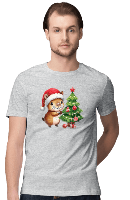 Men's t-shirt with prints Christmas Capybara with a Tree. Animal, capybara, christmas, christmas capybara, christmas tree, gift, holiday, new year, new year`s gift, santa. 2070702