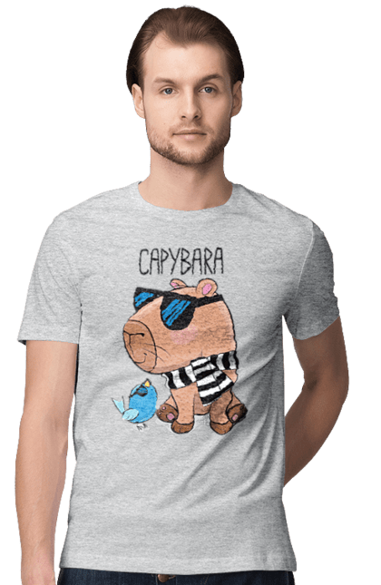 Футболка чоловіча з принтом "Стильна капібара". Капібара, модна капібара, настрій, окуляри, птах, сонячні окуляри, стильна капібара, тварина, шарф у смужку. 2070702