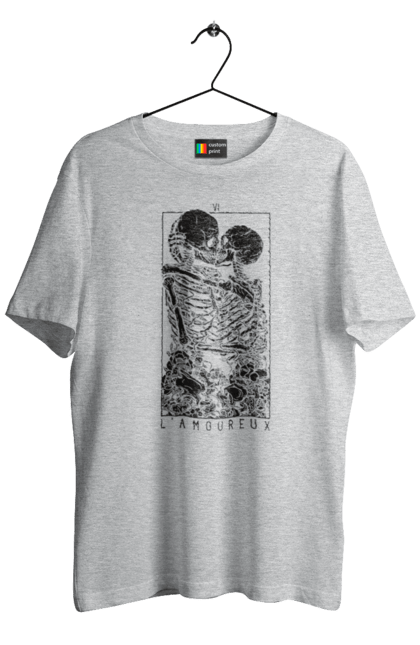 Men's t-shirt with prints Skeletons in love. Bones, kiss, love, scull, skeletons, tarot, teeth. 2070702