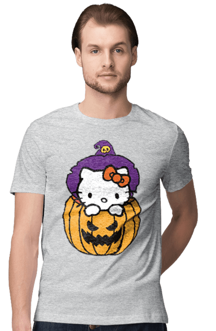 Футболка мужская с принтом Хелло Китти Хэллоуин. Halloween, hello kitty, witch, бренд, ведьма, кот, котенок, персонаж, хелло китти, хэллоуин. 2070702