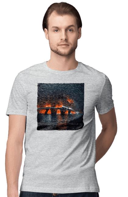 Футболка чоловіча з принтом "Кримський мост горить". Армія росії, армія україни, годить, зсу, крим, мост, удар, удар зсу. 2070702