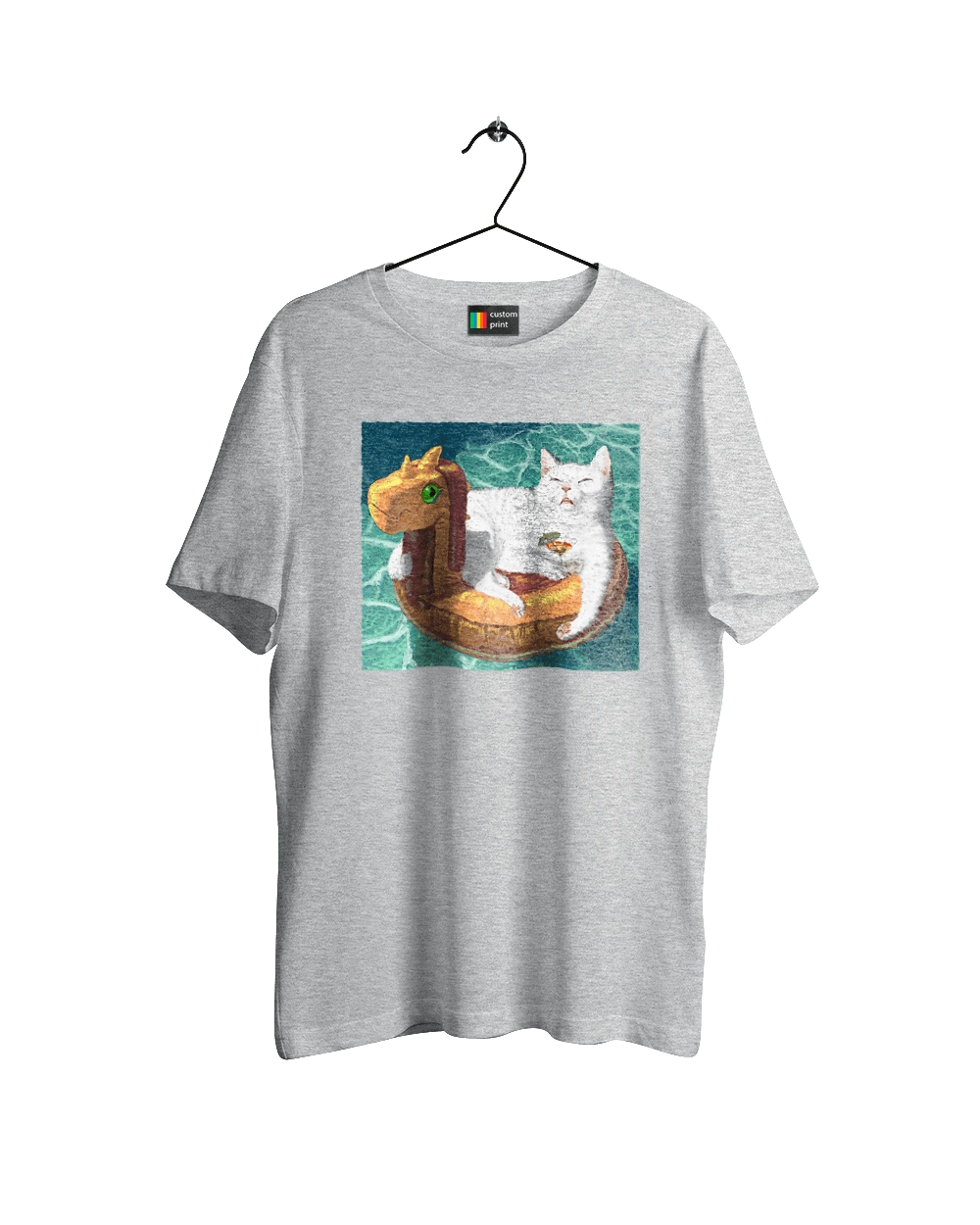 White cat in a swimming circle on vacation