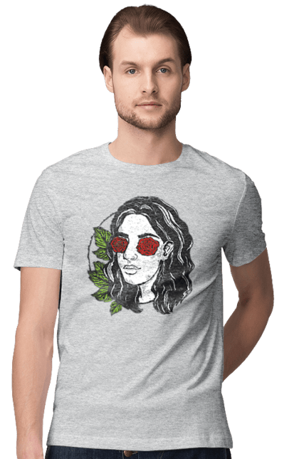 Men`s t-shirt with prints Girl With Roses In The Eyes. Girl, rose flower. 2070702