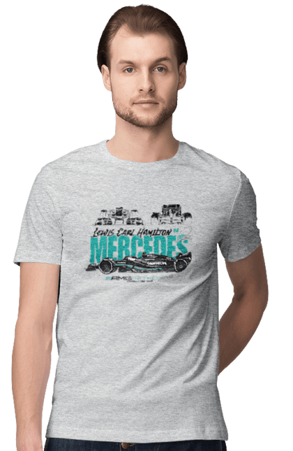 Men's t-shirt with prints Mercedes AMG Petronas F1 Team. Amg petronas, bolide, f1 team, formula 1, mercedes, motorsport, race, racing car, sport. 2070702