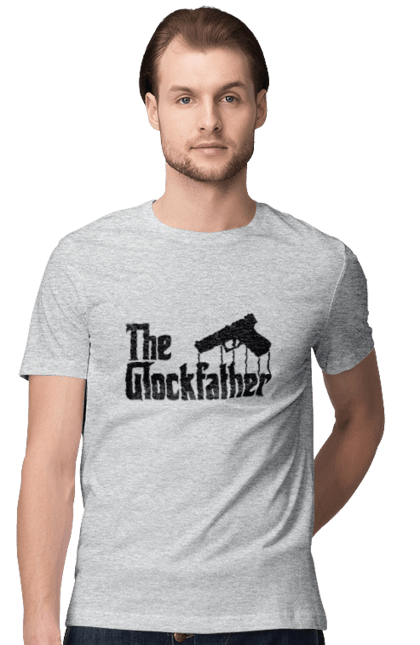 Футболка чоловіча з принтом "The GlockFather". Gangster, glockfather, godfather, godfather reference, вогнепальна зброя, гангстер, глок, зброя, пістолет, пістолет. 2070702