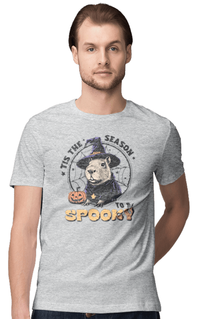 Men's t-shirt with prints Capybara Halloween. Animal, capybara, ghost, halloween, holiday, moon, pumpkin, rodent, witch. 2070702