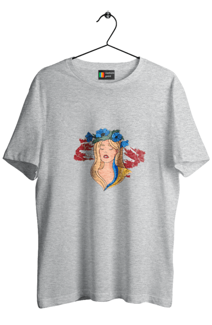 Men`s t-shirt with prints Girl on the map of Ukraine. Blue, flag, flowers, girl, girl on the map, map of ukraine, red, ukraine, yellow. 2070702