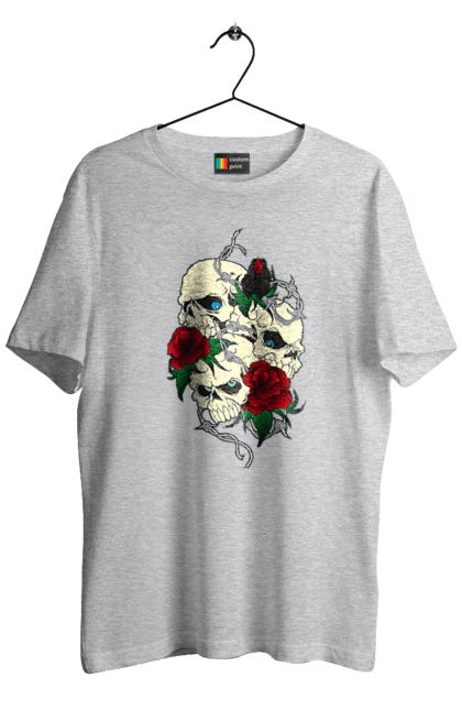 Men's t-shirt with prints Skulls with roses. Bones, eyes, flowers, leaves, rose flower, roses, scull, spikes, teeth. 2070702