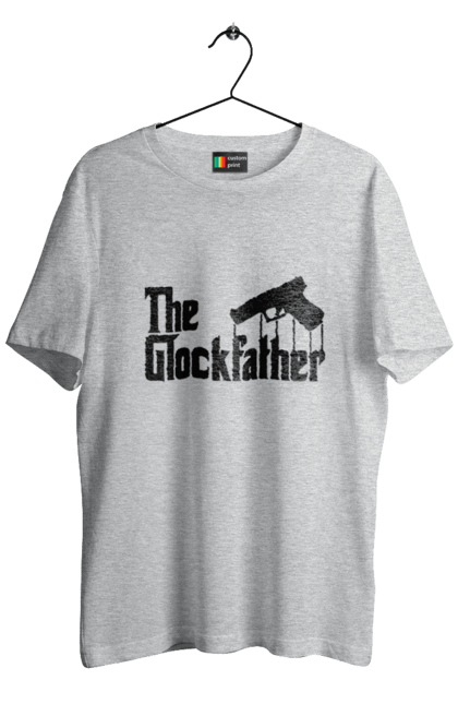 Футболка чоловіча з принтом "The GlockFather". Gangster, glockfather, godfather, godfather reference, вогнепальна зброя, гангстер, глок, зброя, пістолет, пістолет. 2070702