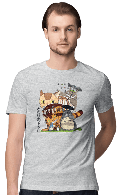 Men's t-shirt with prints Totoro. Adventures, anime, comedy drama, fantasy, film, my neighbor totoro, tv series. 2070702