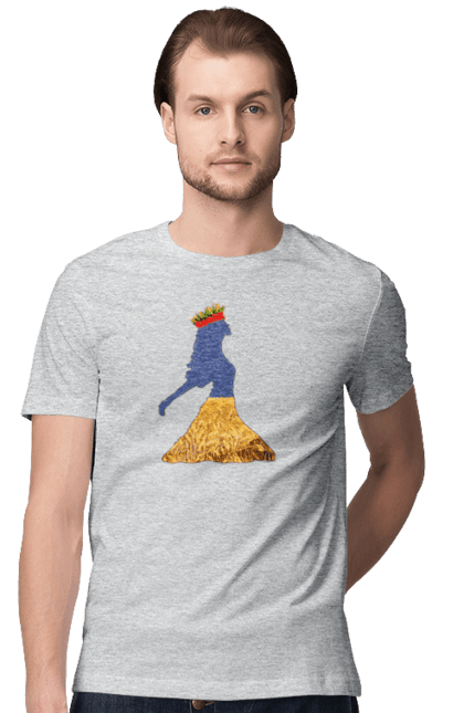 Men`s t-shirt with prints Ukraine. Girl, national colors, poppies, sky, wheat field, wreath, yellow blue. 2070702