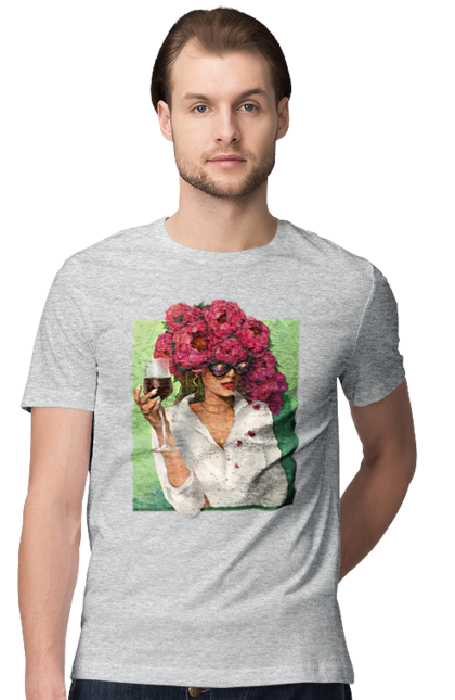 Men`s t-shirt with prints Girl with peonies and a glass. Flower, girl, glasses, goblet, peonies, shirt, summer, wine. 2070702