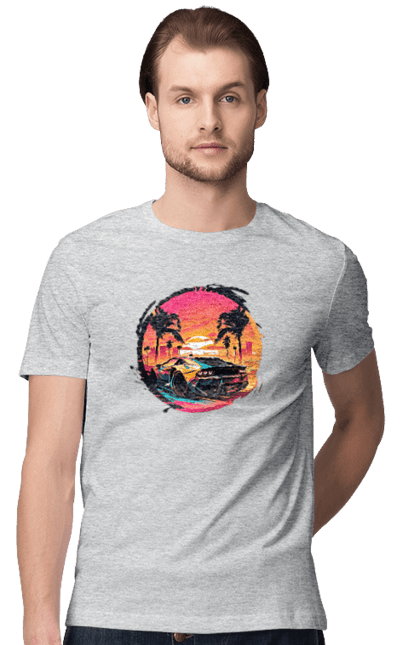 Футболка чоловіча з принтом "Ламборджині Ретровейв". Авто, автомобиль, ламба, ламборджині, машина, машини, ретровейв. 2070702