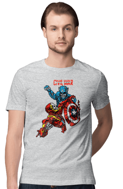 Футболка мужская с принтом Железный человек vs Капитан Америка. Captain america, civil war, iron man, marvel, marvel comics, железный человек, капитан америка, марвел, мстители, тони старк. 2070702