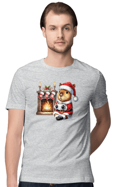 Men's t-shirt with prints Capybara by the fireplace with hot chocolate. Animal, capybara, christmas, christmas capybara, fireplace, gift, holiday, hot chocolate, new year, santa. 2070702