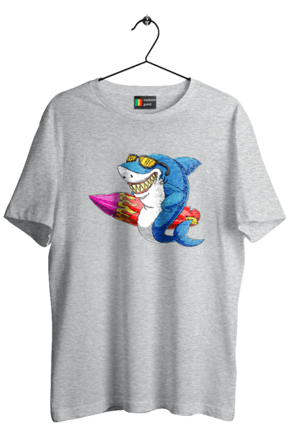 Футболка чоловіча з принтом "Акула В Окулярах З Серфінгом". Акула, літо, окуляри, серфінг. 2070702