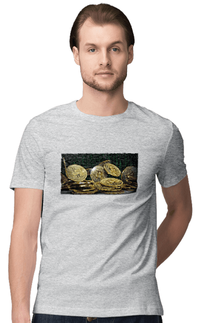 Футболка чоловіча з принтом "Біткойн". Багатство, біткойн, валюта, гроші, криптовалюта, курс, майнінг, матриця, монета, розкіш, цифровий світ. 2070702