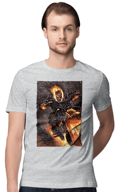 Футболка мужская с принтом Адский Гонщик. Адский гонщик, мотоцикл, огонь, скелет, чоппер. 2070702