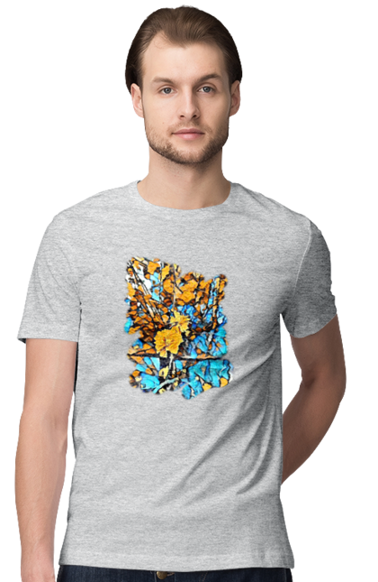 Men`s t-shirt with prints Yellow flowers on a blue background. Art, blue and yellow, blue yellow, drawing, flowers, nature, yellow and blue, yellow blue, yellow flowers. 2070702