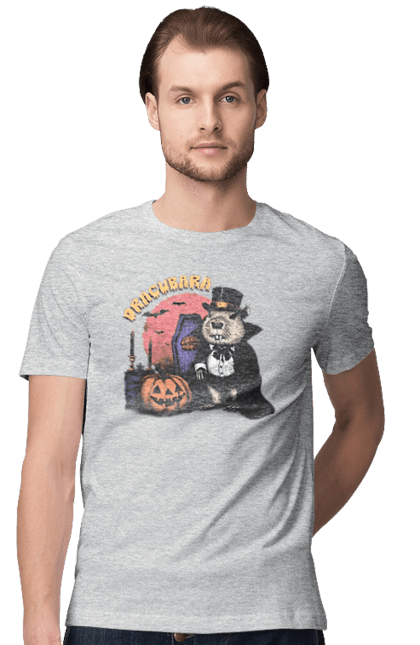 Men's t-shirt with prints Capybara Halloween. Animal, capybara, ghost, halloween, holiday, moon, pumpkin, rodent, vampire. 2070702