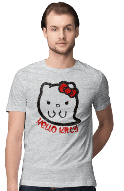 Футболка мужская с принтом Хелло Китти Хэллоуин. Ghost, halloween, hello kitty, бренд, кот, котенок, персонаж, привидение, хелло китти, хэллоуин. 2070702