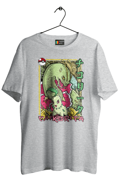 Men's t-shirt with prints Pokemon Chikorita. Anime, chikorita, games, nintendo, pokemon, pokemon go. 2070702