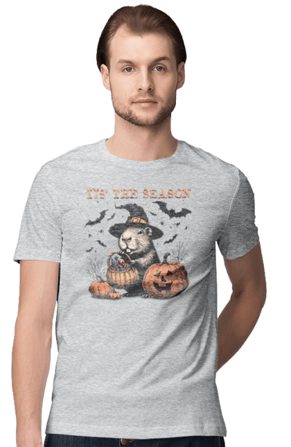 Men's t-shirt with prints Capybara Halloween. Animal, capybara, ghost, halloween, holiday, moon, pumpkin, rodent, witch. 2070702