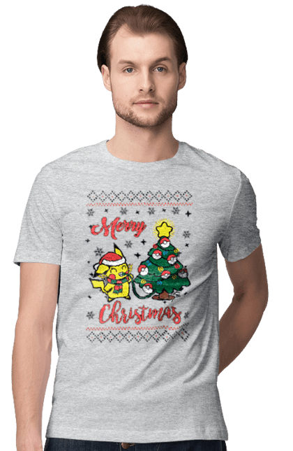 Футболка чоловіча з принтом "Пікачу Веселого Різдва!". Christmas, merry christmas, nintendo, pikachu, pokemon, аніме, гра, пікачу, покемон, різдво. 2070702