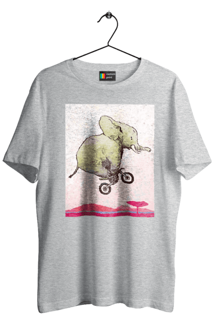 Футболка чоловіча з принтом "Слон На Мотоциклі". Мотоцикл, політ, слон. 2070702