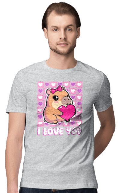 Футболка чоловіча з принтом "Закохана капібара". I love you, валентинка, день святого валентина, капибара, кохання, милі тварини, пара капібар, романтика, романтичний подарунок, серця. 2070702