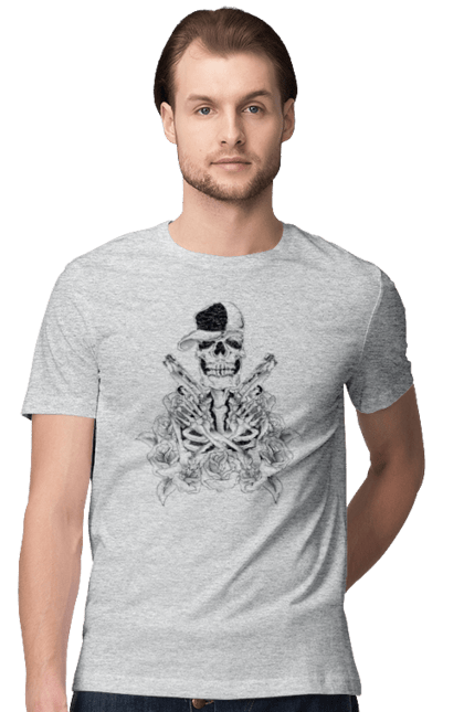 Men's t-shirt with prints Skeleton with pistols. Black and white, bones, cap, gun, roses, scull, skeleton, teeth. 2070702